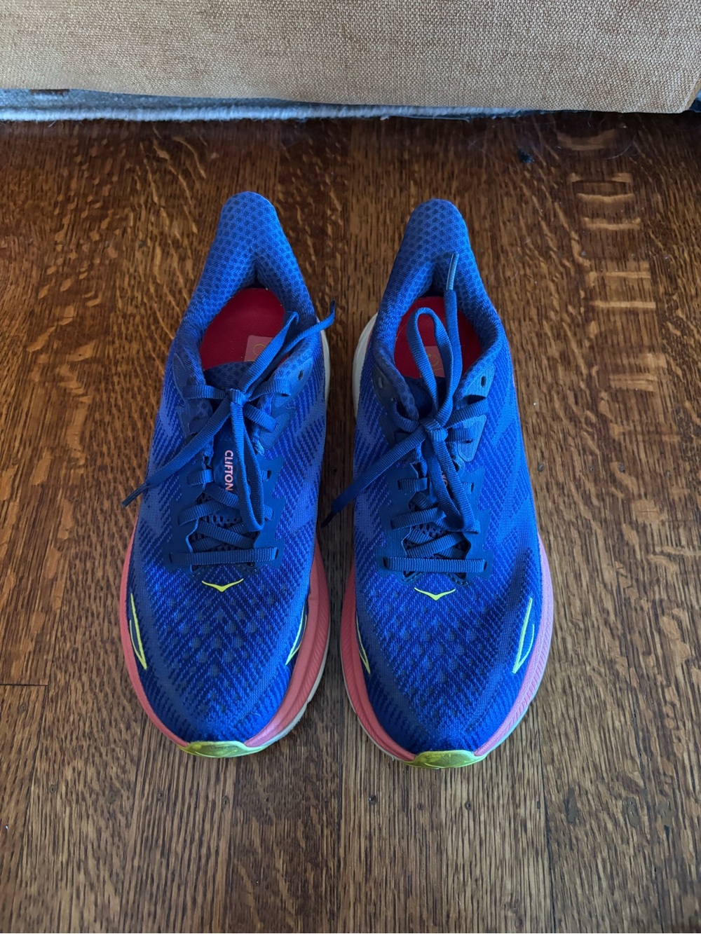 Hoka Blue with Pink and Neon Yellow Running Sneakers